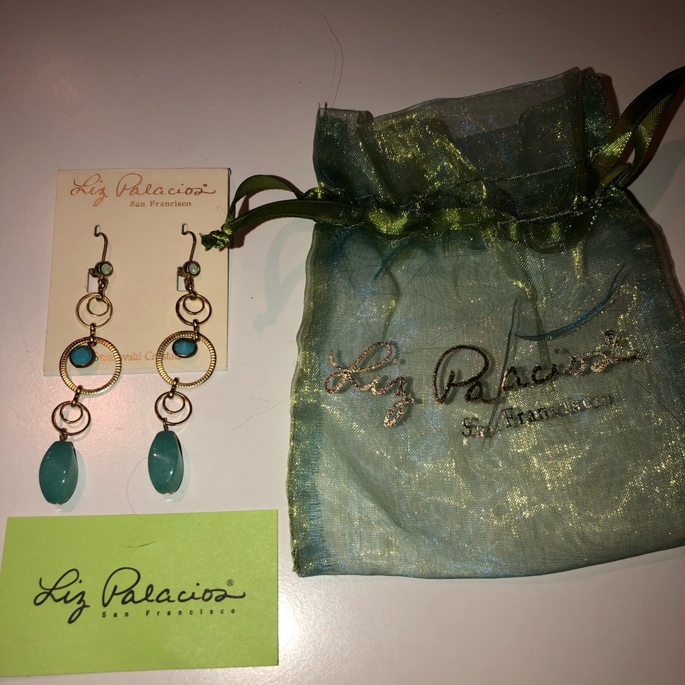 NWT Liz Palacios stunning gold filled drop earrings with blue calcedony